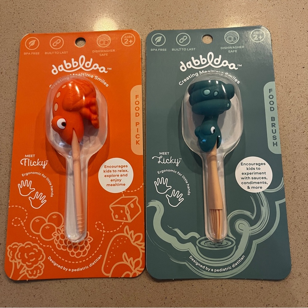 Dabbldoo toddler mealtime utensils to encourage eating (food pick and brush)
